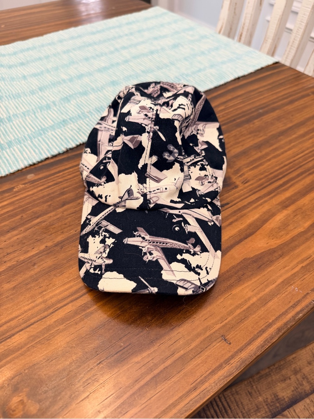 CHANEL Black & Cream Airplane Print Baseball Cap